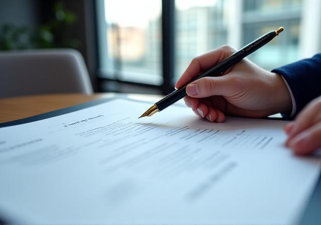 Close up of a professional signing a legally binding document in a bright London office